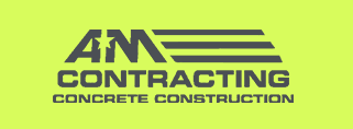 A light-green PNG logo with the words AM Contracting Concrete Construction as well as lines coming from AM to resemble a flag with a star in between the A and the M